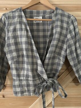 Meetra Linen Wrap Blouse 100% Linen Sand & Grey Checks S